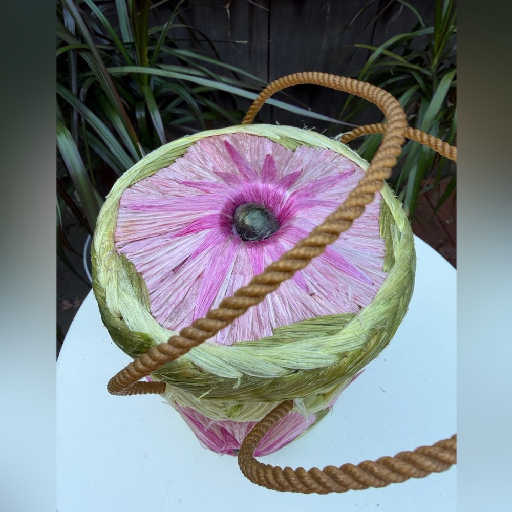 Vintage boho basket tote tall bag floral straw handles pink greens - Picture 8 of 10